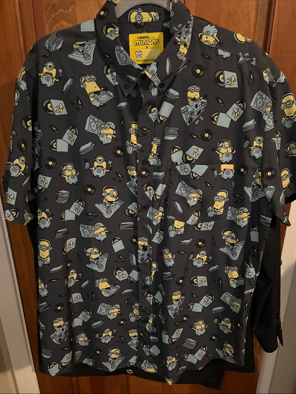 RSVLTS Black Short-Sleeve Button-Up with Yellow Minion Print